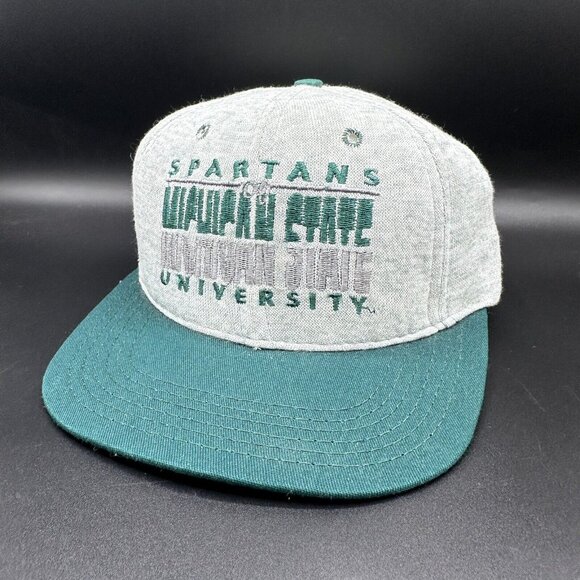 VINTAGE MICHIGAN STATE SPARTANS Gray / Green Spellout Snapback Hat Made In USA - Picture 1 of 9